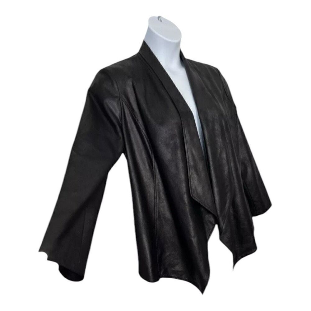 JM Collection Faux Leather Jacket Coat Draped Black Plus Size M Shoulder Padded - Picture 10 of 14